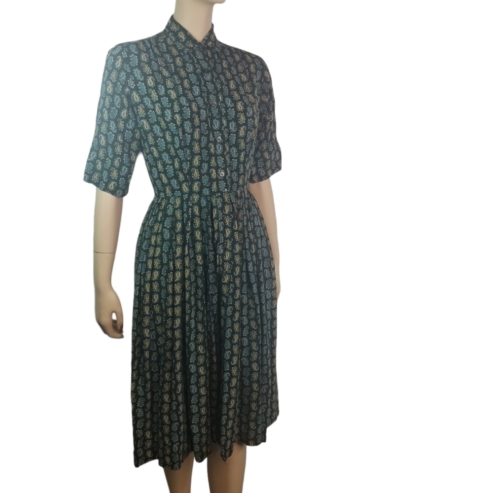 Vtg 50s mcm midcentury paisley cotton day dress - Picture 3 of 11